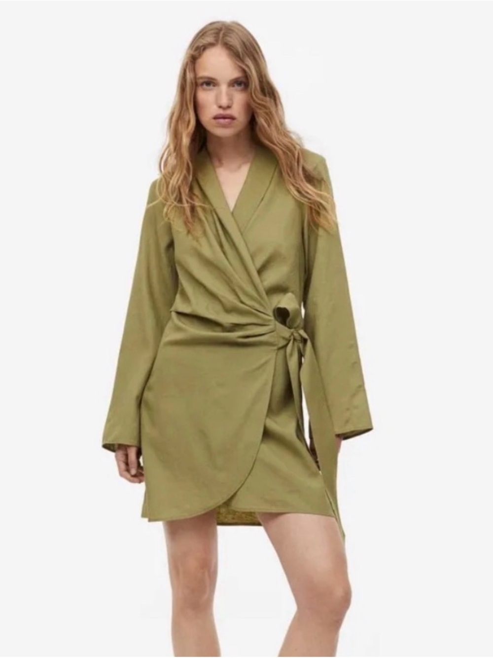 NWT Women's Olive Green Vacation H&M Linen-Blend Minimalist Wrap Dress Size XXL